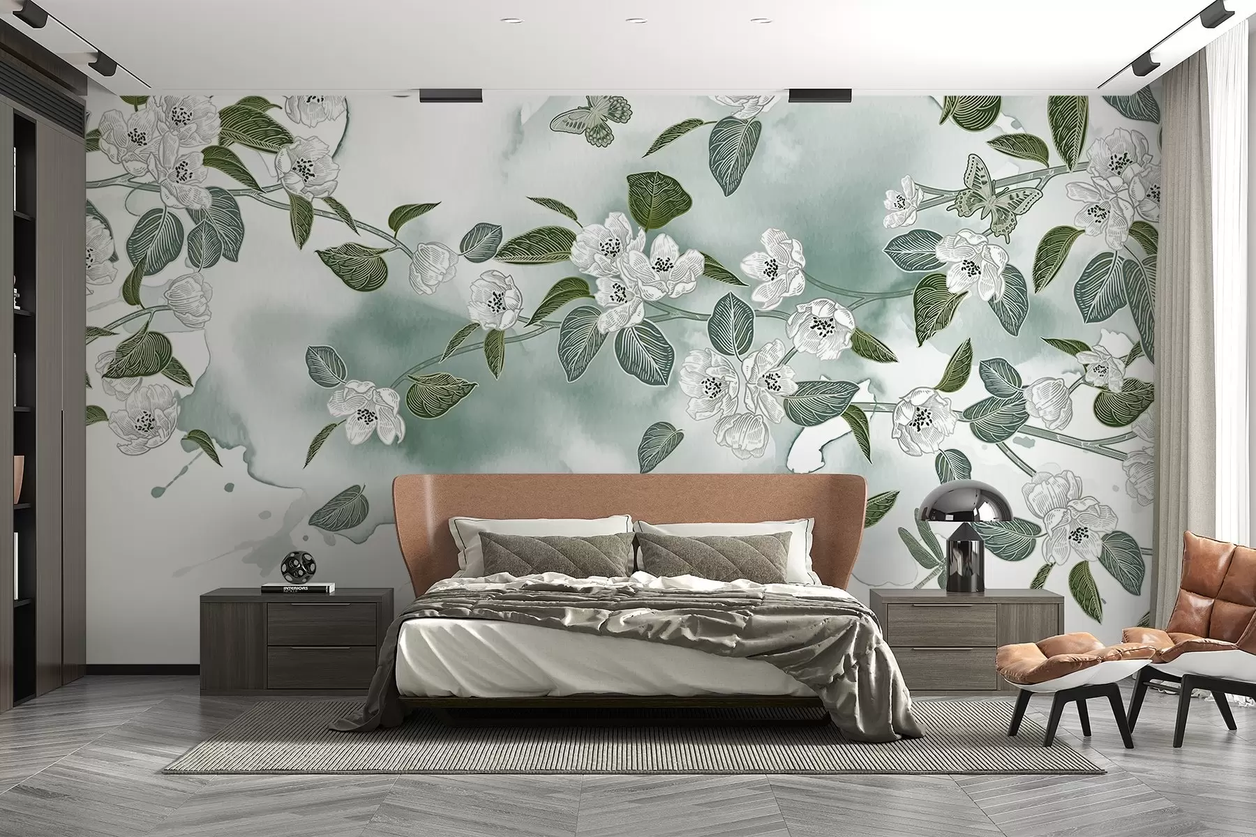 fototapeter Kirsebærtre med blomster, blader og sommerfugler på en lysegrønn akvarellteksturert bakgrunn w08831