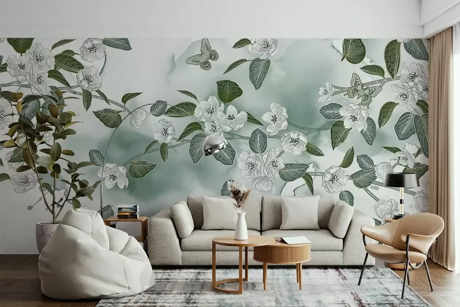 fototapeter Kirsebærtre med blomster, blader og sommerfugler på en lysegrønn akvarellteksturert bakgrunn w08831