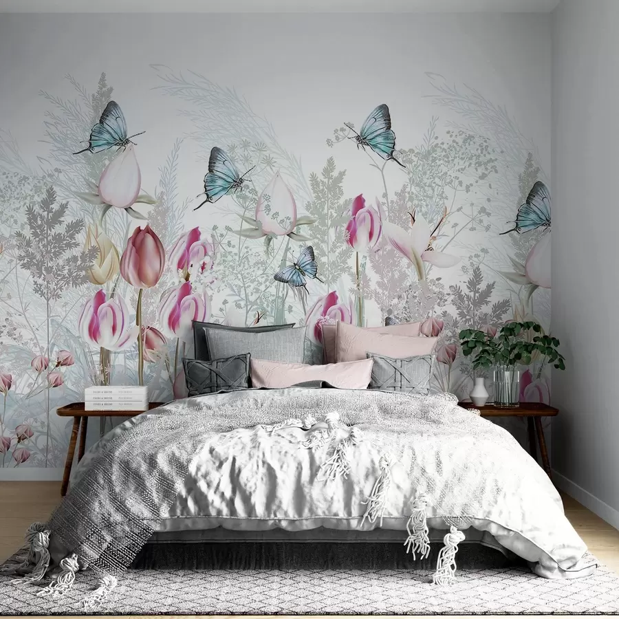 fototapeter Pastelltrykk med tulipanblomster, gress og sommerfugler som flyr i en hage w08834