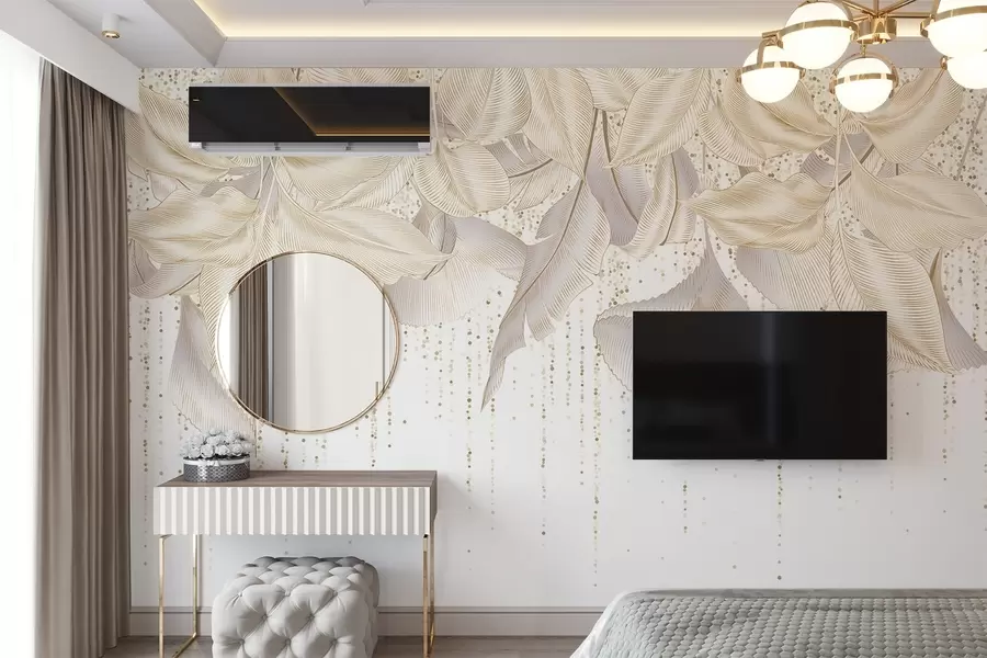 fototapeter Hvite detaljerte tropiske blader og gul prikkete tekstur på hvit bakgrunn w08836