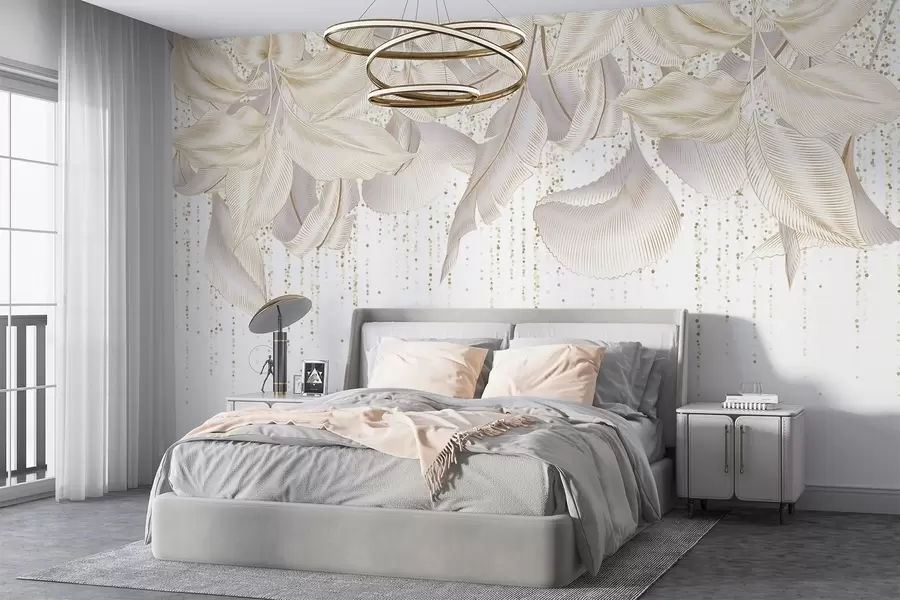 fototapeter Hvite detaljerte tropiske blader og gul prikkete tekstur på hvit bakgrunn w08836