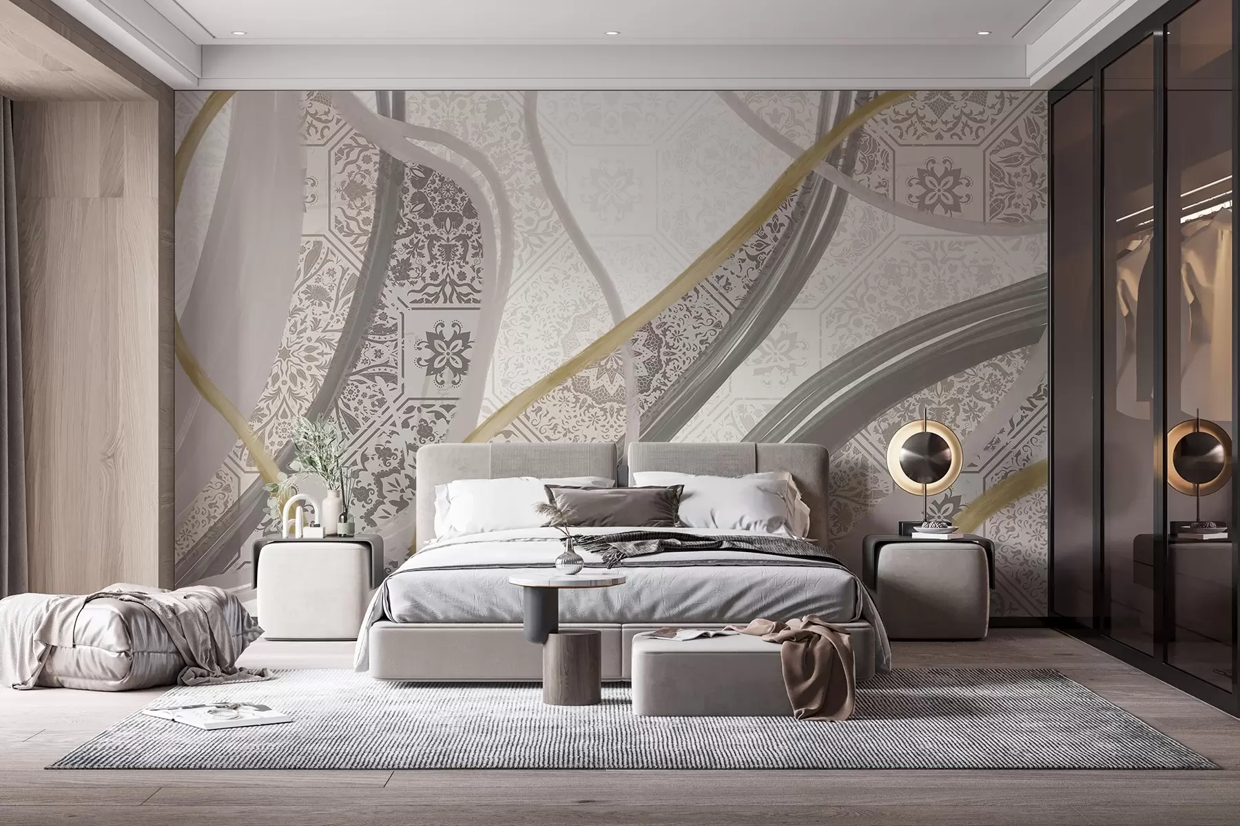 fototapeter Abstrakt maleri med geometriske mønstre og buede linjer i beige, grå og gule farger w08837