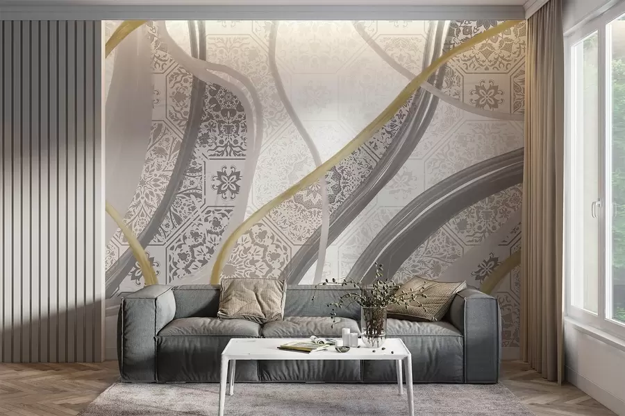 fototapeter Abstrakt maleri med geometriske mønstre og buede linjer i beige, grå og gule farger w08837