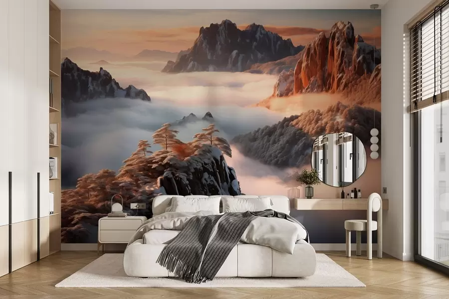 fototapeter Sjarmerende fjellandskap med tåke og trær w08807