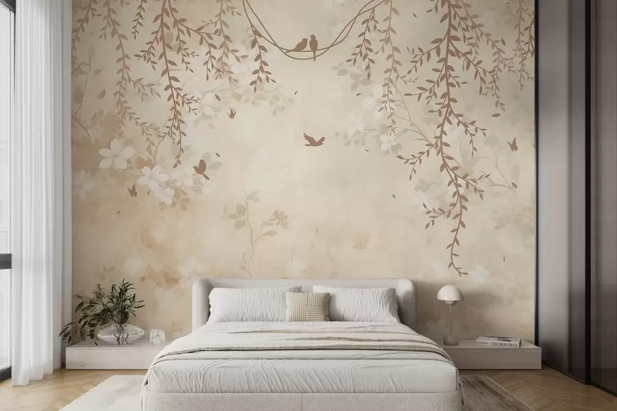 fototapeter Fugler med hengende planter og et blomstermønster i lyse beige-kremtoner w08809