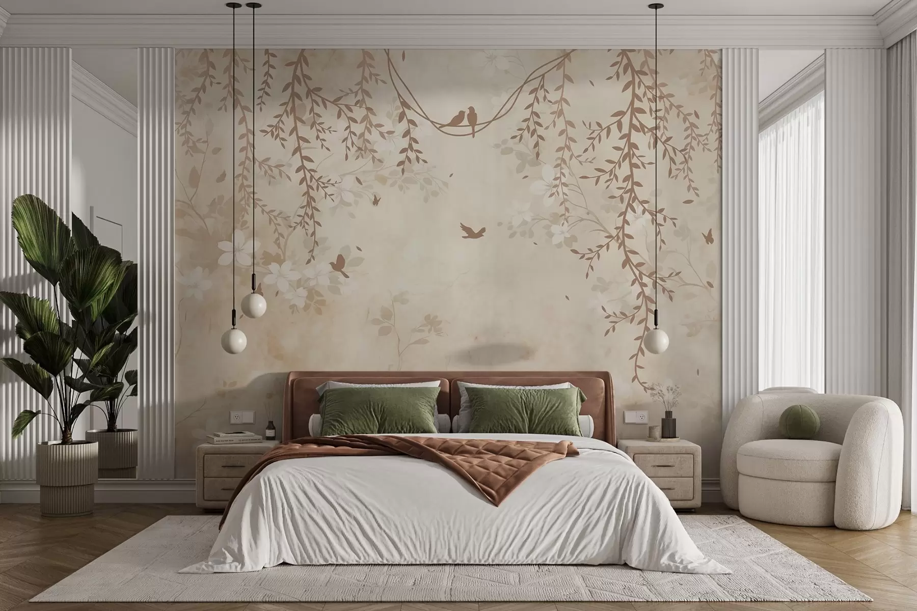 fototapeter Fugler med hengende planter og et blomstermønster i lyse beige-kremtoner w08809