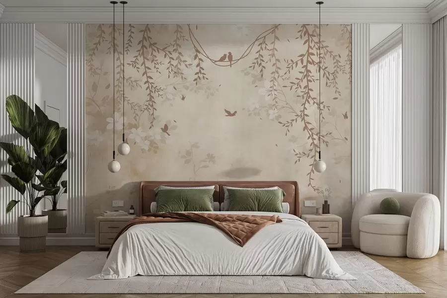 fototapeter Fugler med hengende planter og et blomstermønster i lyse beige-kremtoner w08809
