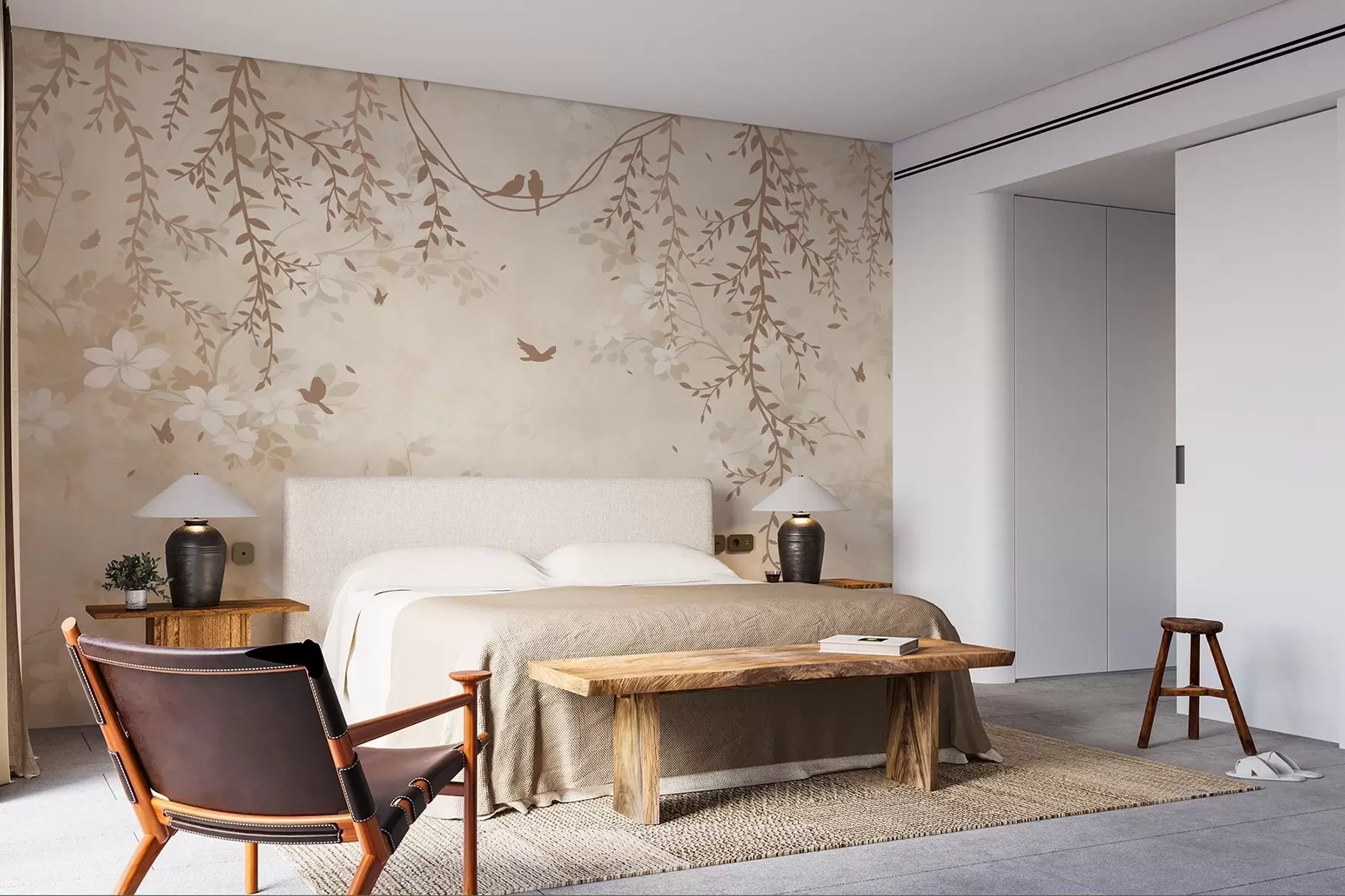 fototapeter Fugler med hengende planter og et blomstermønster i lyse beige-kremtoner w08809