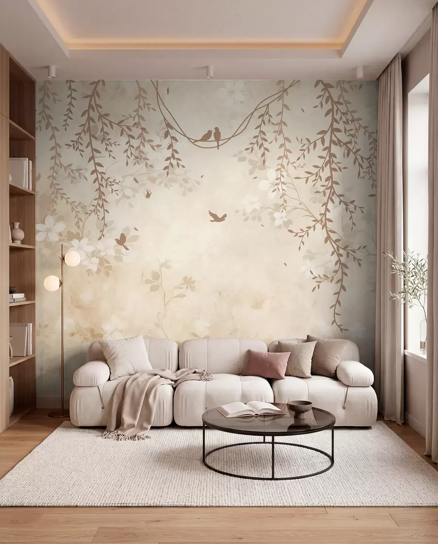 fototapeter Fugler med hengende planter og et blomstermønster i lyse beige-kremtoner w08809
