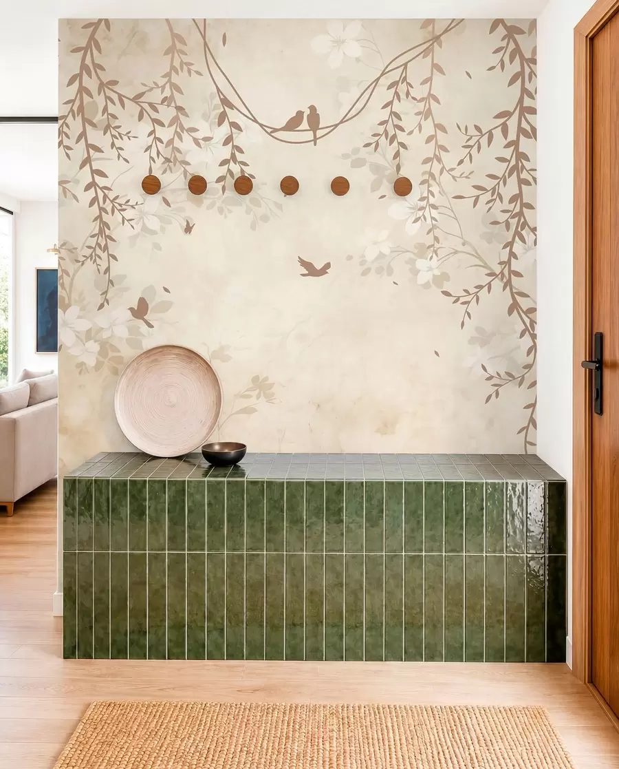 fototapeter Fugler med hengende planter og et blomstermønster i lyse beige-kremtoner w08809