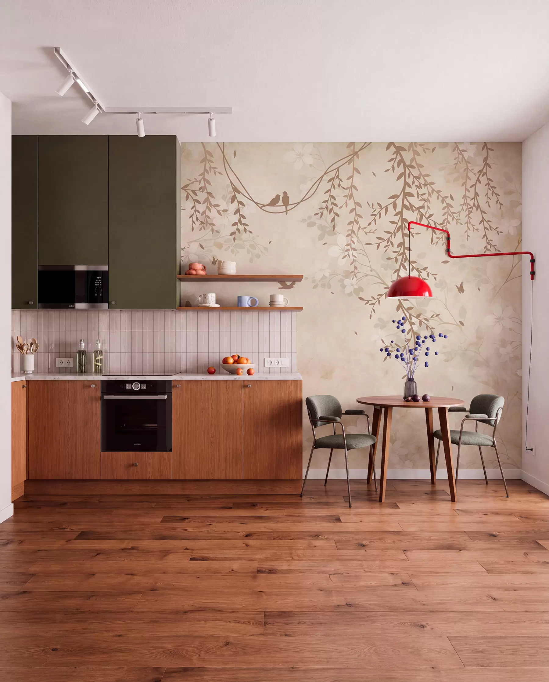 fototapeter Fugler med hengende planter og et blomstermønster i lyse beige-kremtoner w08809