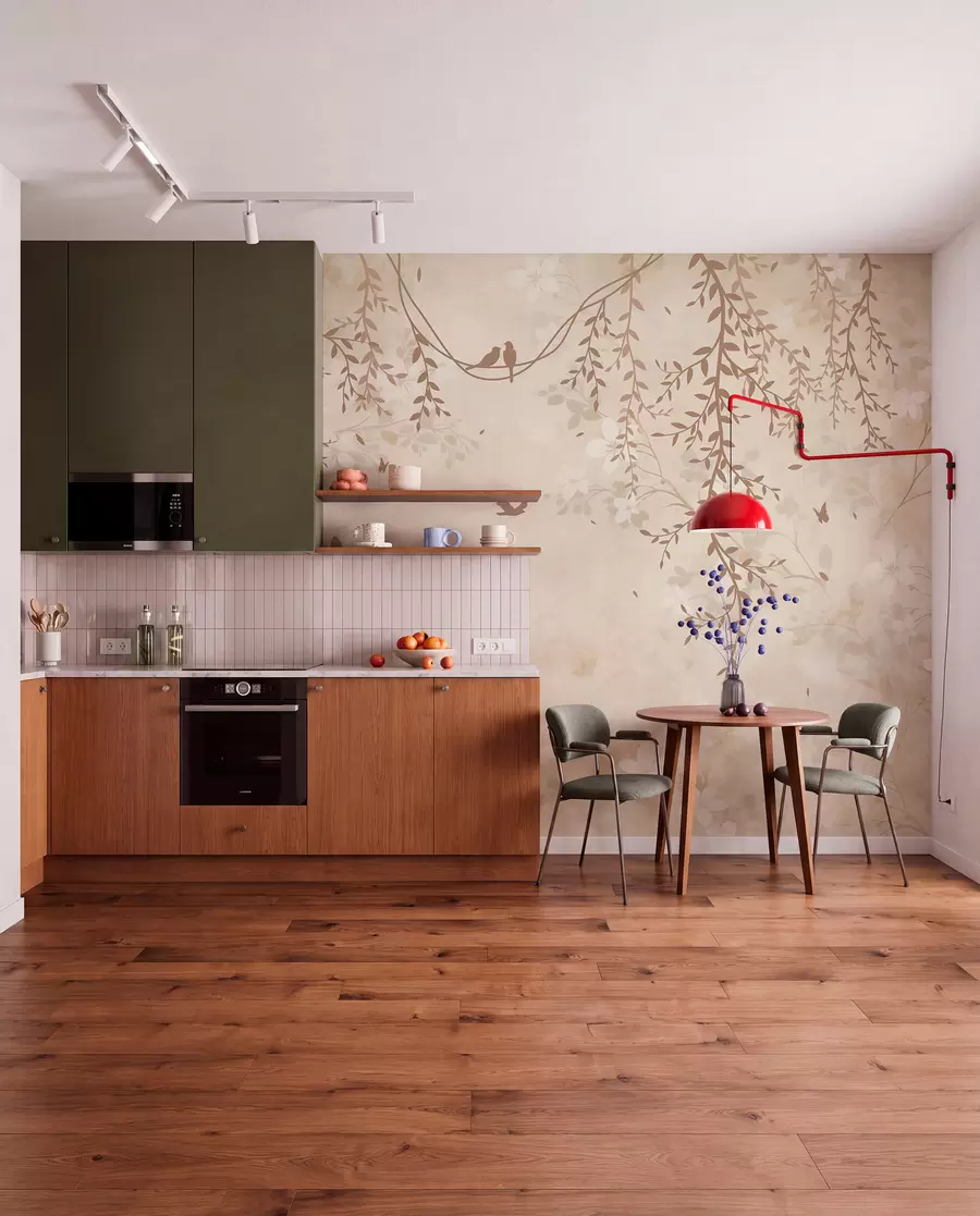 fototapeter Fugler med hengende planter og et blomstermønster i lyse beige-kremtoner w08809