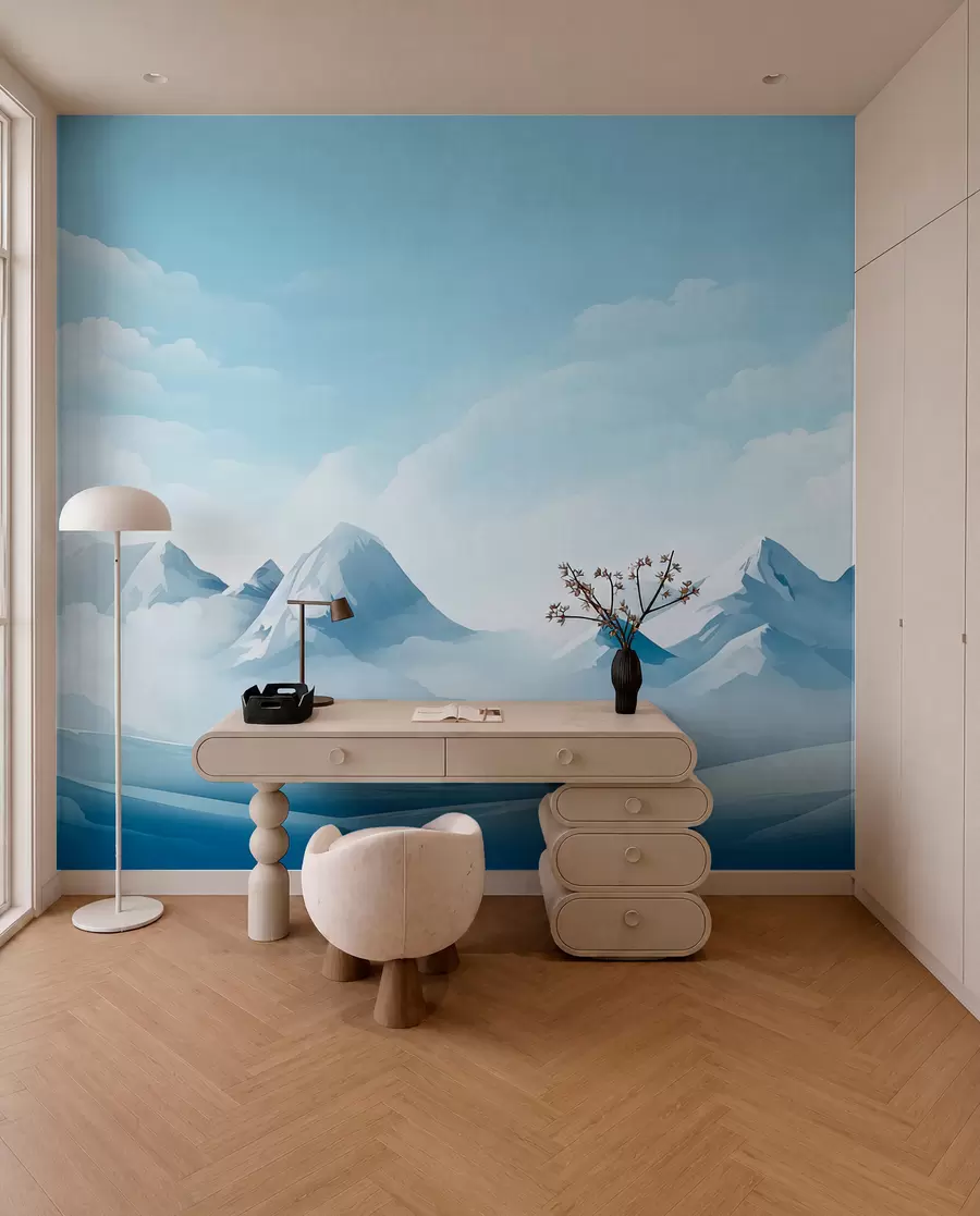fototapeter Minimalistiske blå skyer og fjell, iskaldt vær w08811