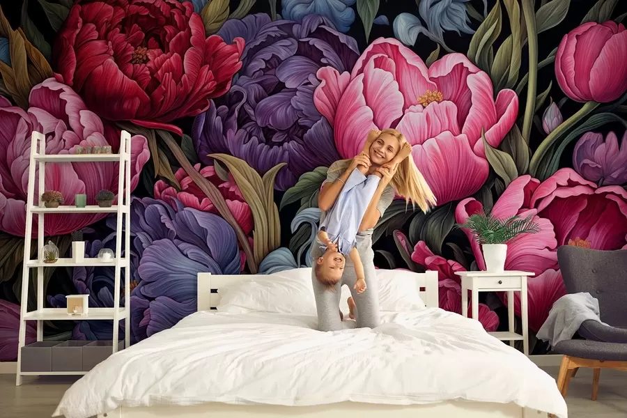 fototapeter Tulipaner og pioner i viktoriansk stil, i rosa og lilla farger w08818