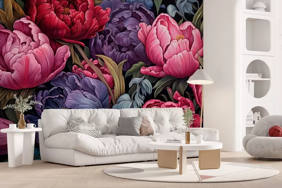 fototapeter Tulipaner og pioner i viktoriansk stil, i rosa og lilla farger w08818