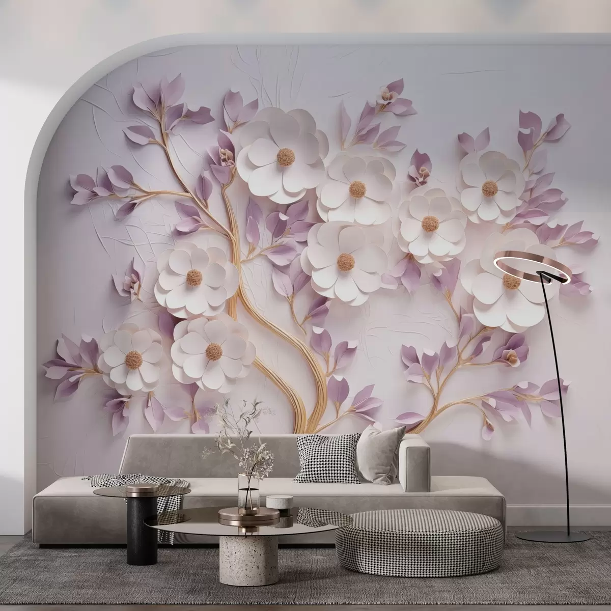 fototapeter Tre med blomster i basrelieffstil w03246