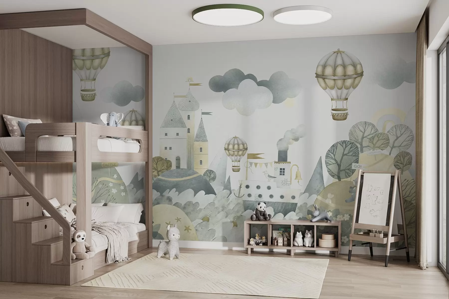 fototapeter Varmluftsballonger over en eventyrby w03258v1