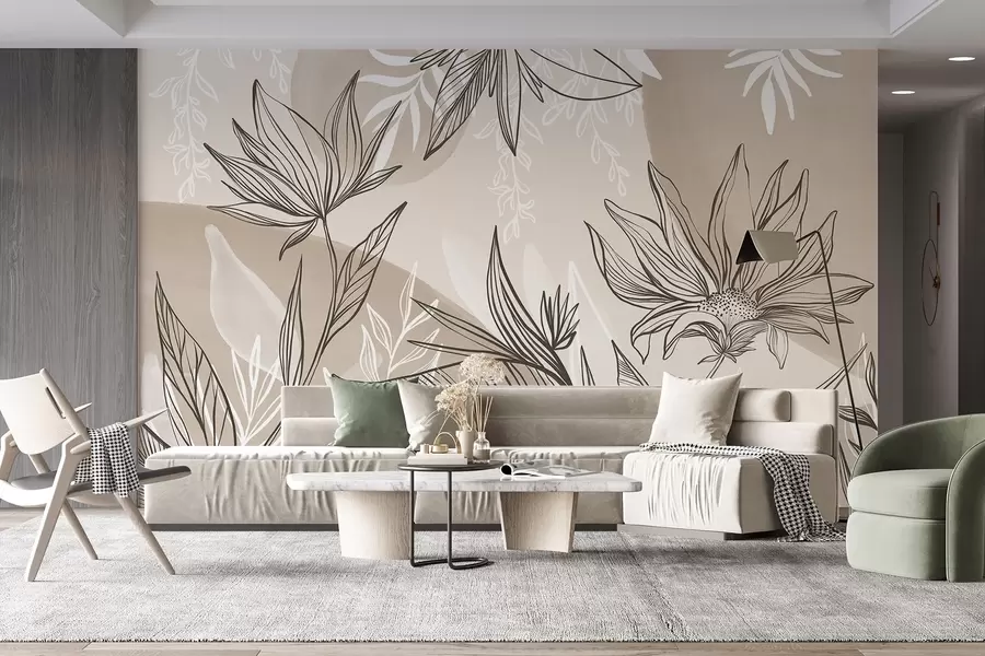 fototapeter Blomsterstreg med store blader og blomster, mot en bakgrunn av beige akvarellvask  w08865v1