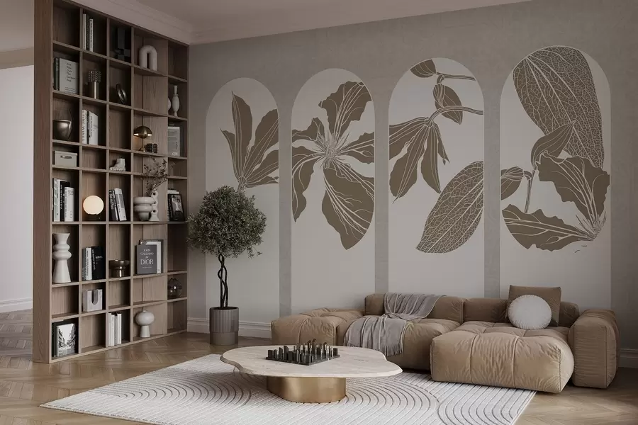 fototapeter Elegante buer med blomstermønster i beige og hvitt, mot en strukturert beige bakgrunn, minimalistisk stil w08866