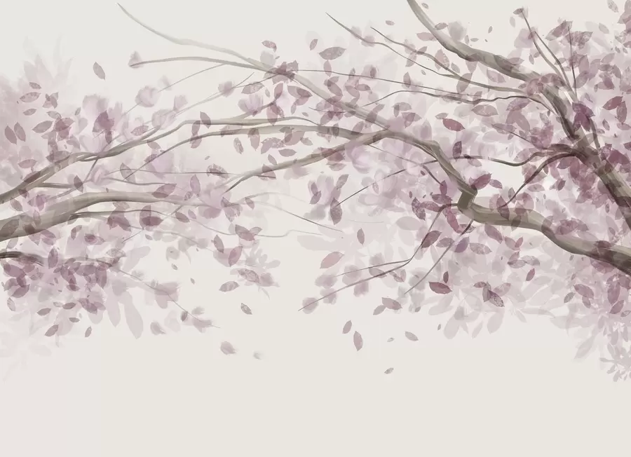 fototapeter Blomstrende grener med rosa blader, myke farger, delikate detaljer, akvarellstil, mot en lys bakgrunn w08867