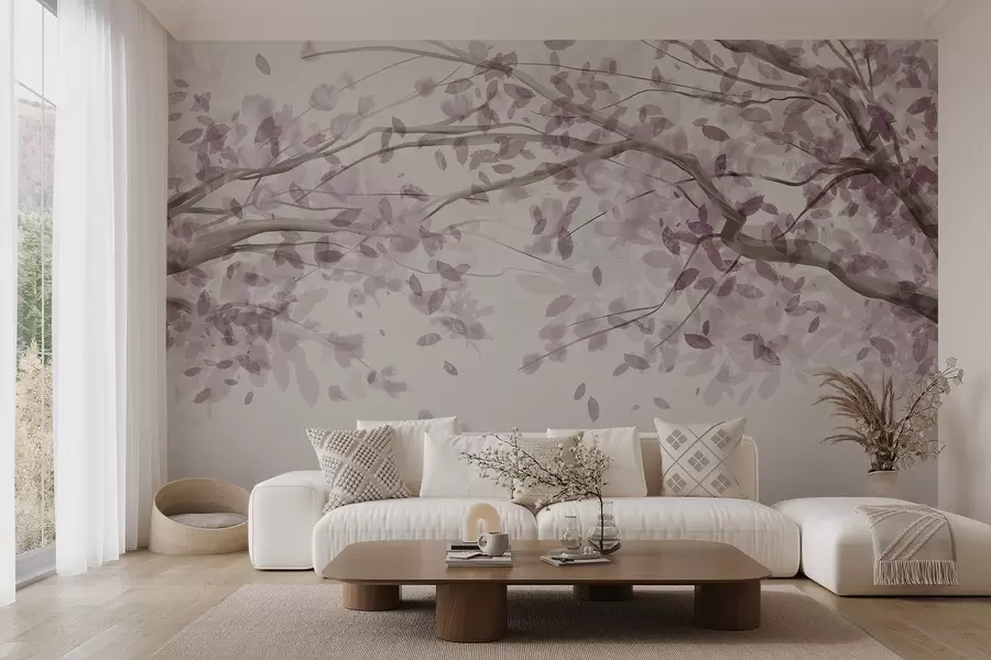 fototapeter Blomstrende grener med rosa blader, myke farger, delikate detaljer, akvarellstil, mot en lys bakgrunn w08867