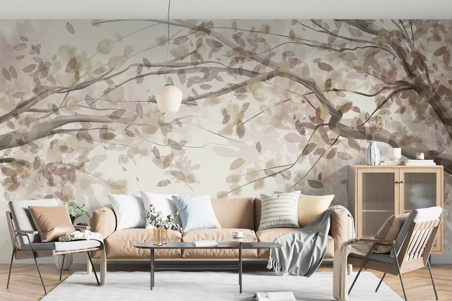 fototapeter Blomstrende grener med beige blader, myke farger, delikate detaljer, akvarellstil, mot en lys bakgrunn w08867v1