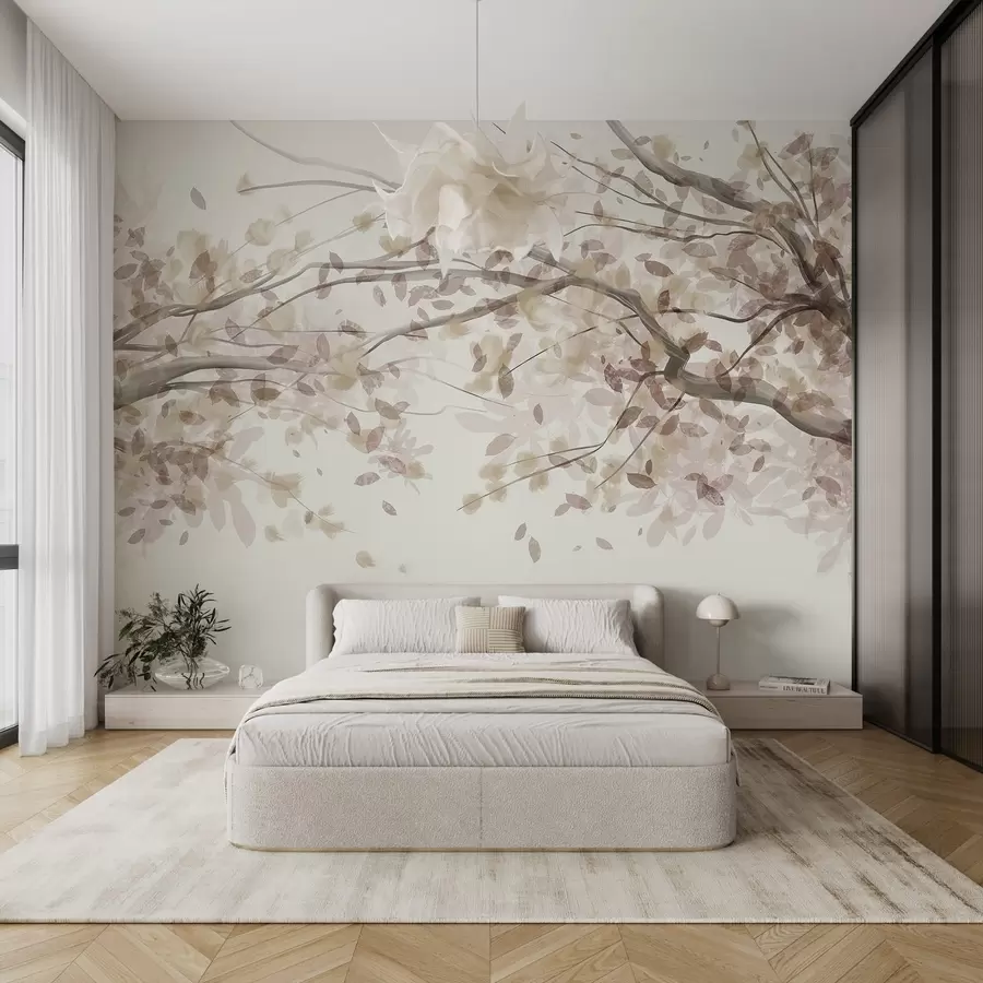 fototapeter Blomstrende grener med beige blader, myke farger, delikate detaljer, akvarellstil, mot en lys bakgrunn w08867v1