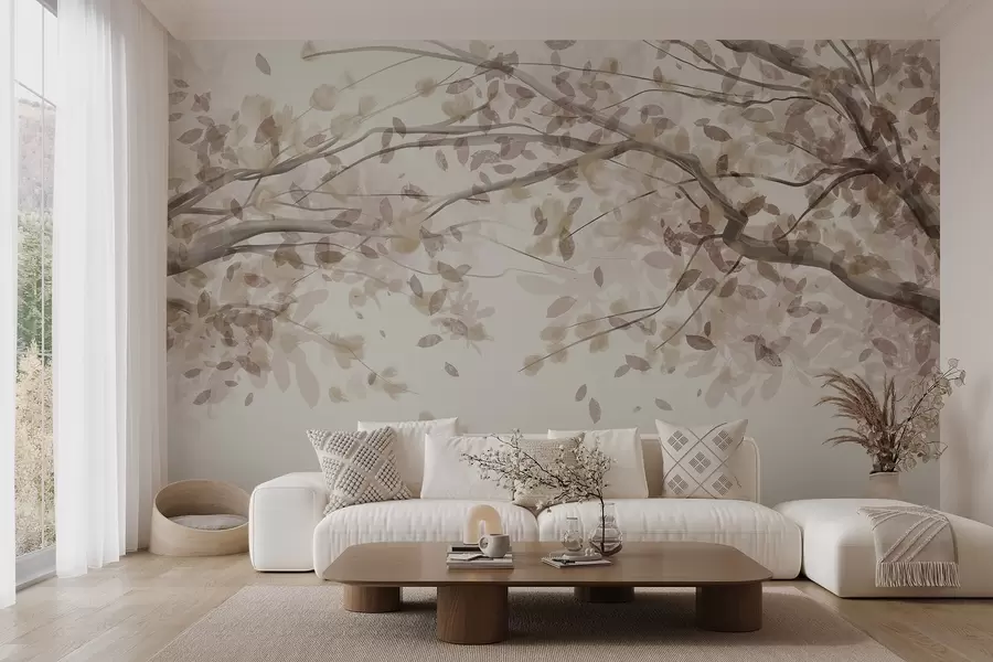 fototapeter Blomstrende grener med beige blader, myke farger, delikate detaljer, akvarellstil, mot en lys bakgrunn w08867v1