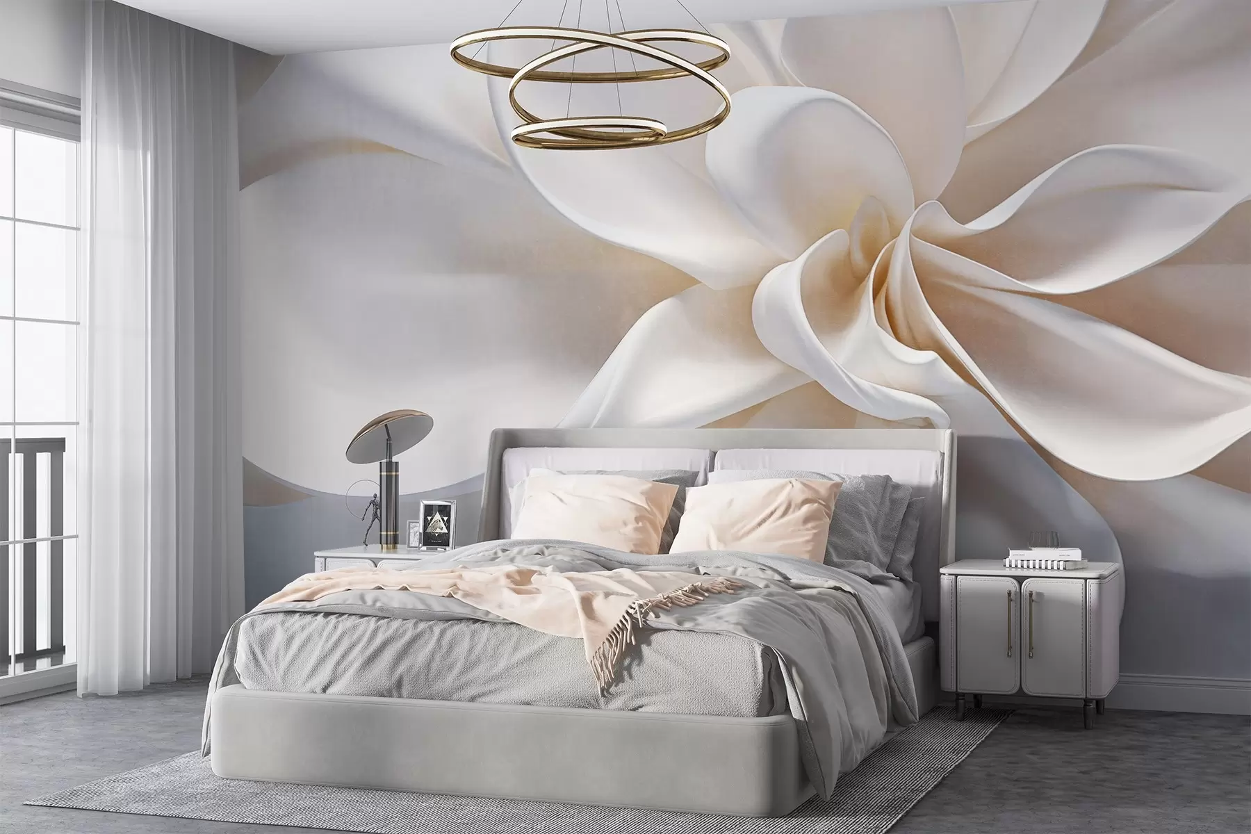 fototapeter En hvit pastellfarget minimalistisk blomst med myke kronblader, lett og luftig, på en hvit bakgrunn w08868