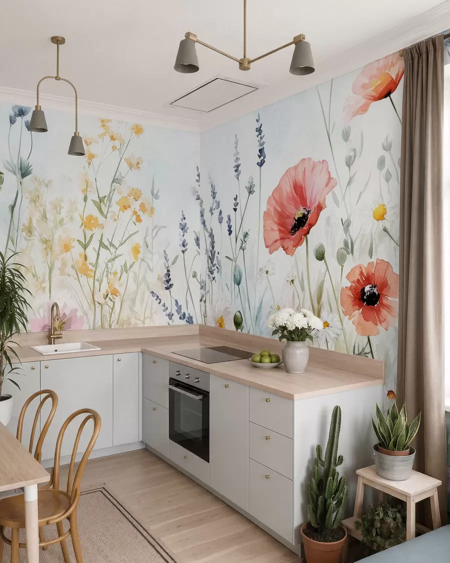 fototapeter villblomster og valmuer i strekteknikken w03281