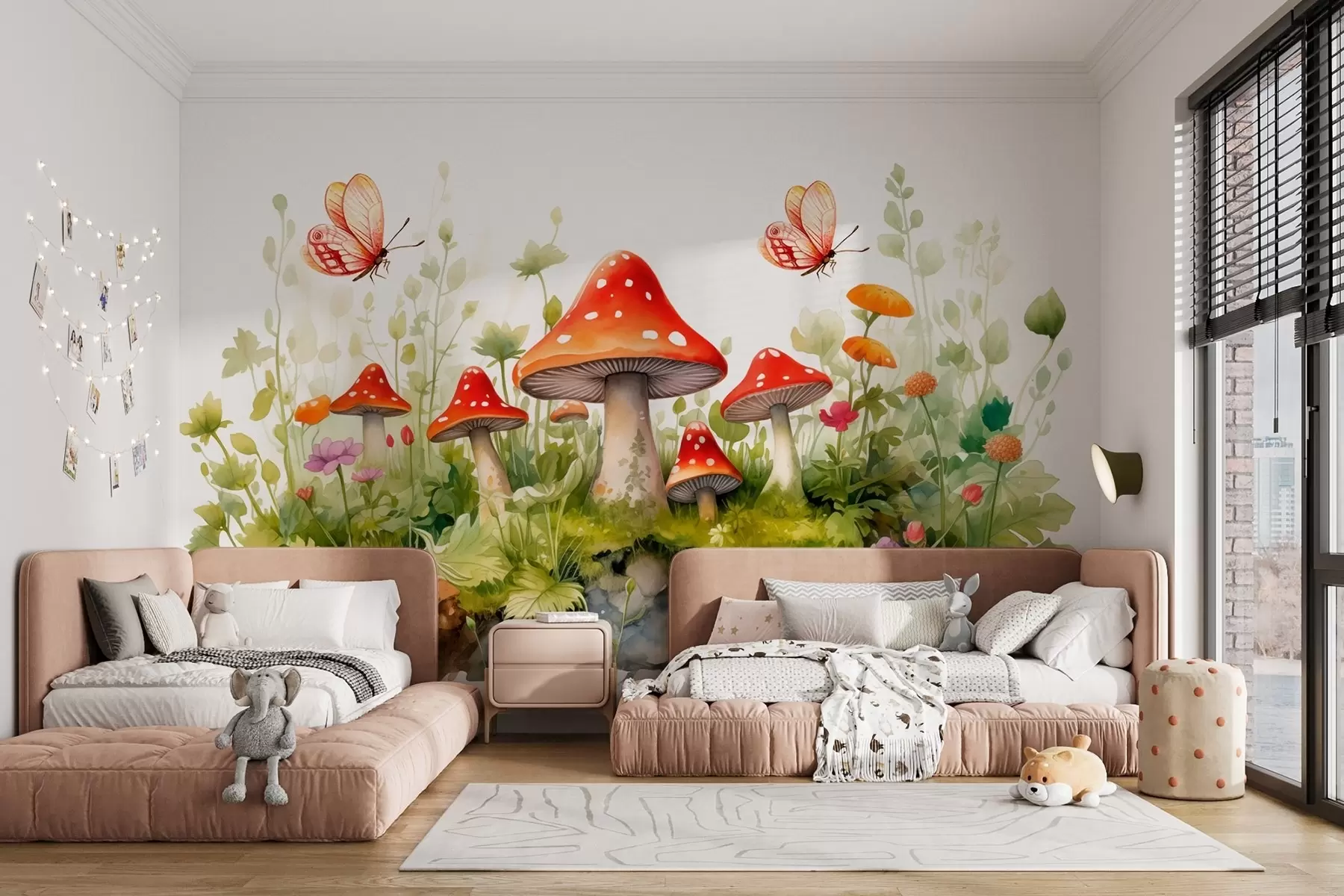 fototapeter Et skoglandskap på hvit bakgrunn i akvarellstil med sopp, frosker og sommerfugler w08854