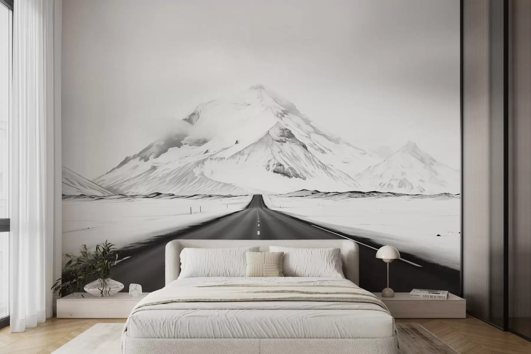 fototapeter Et svart-hvitt landskap med en vei som fører til fjellene i en lett tåke w08876