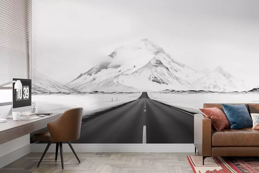 fototapeter Et svart-hvitt landskap med en vei som fører til fjellene i en lett tåke w08876