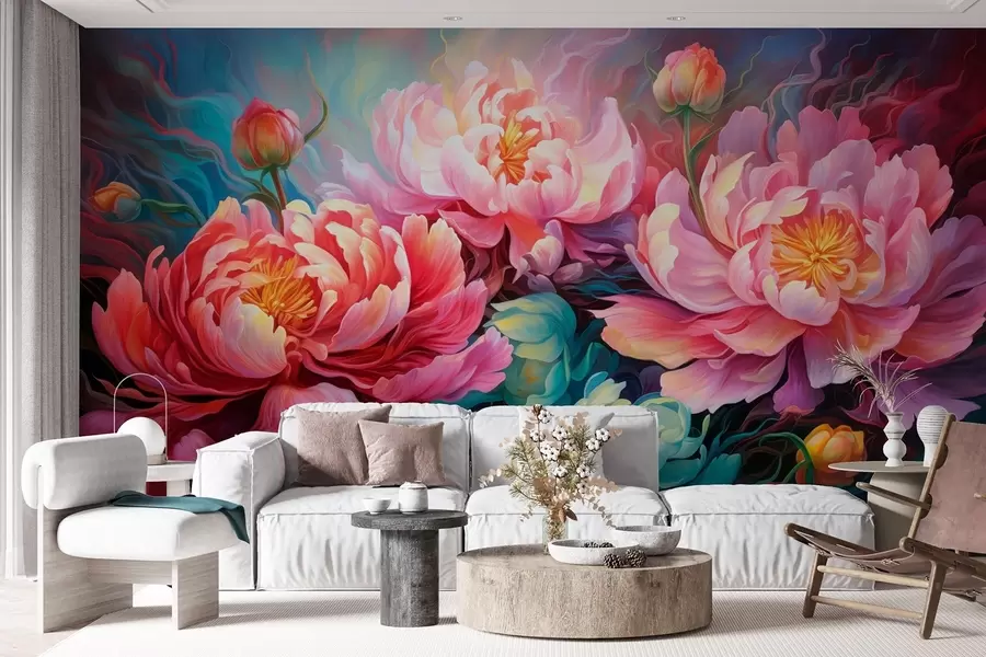 fototapeter Eventyrlige rosa pioner i penselstrøkstil w08879