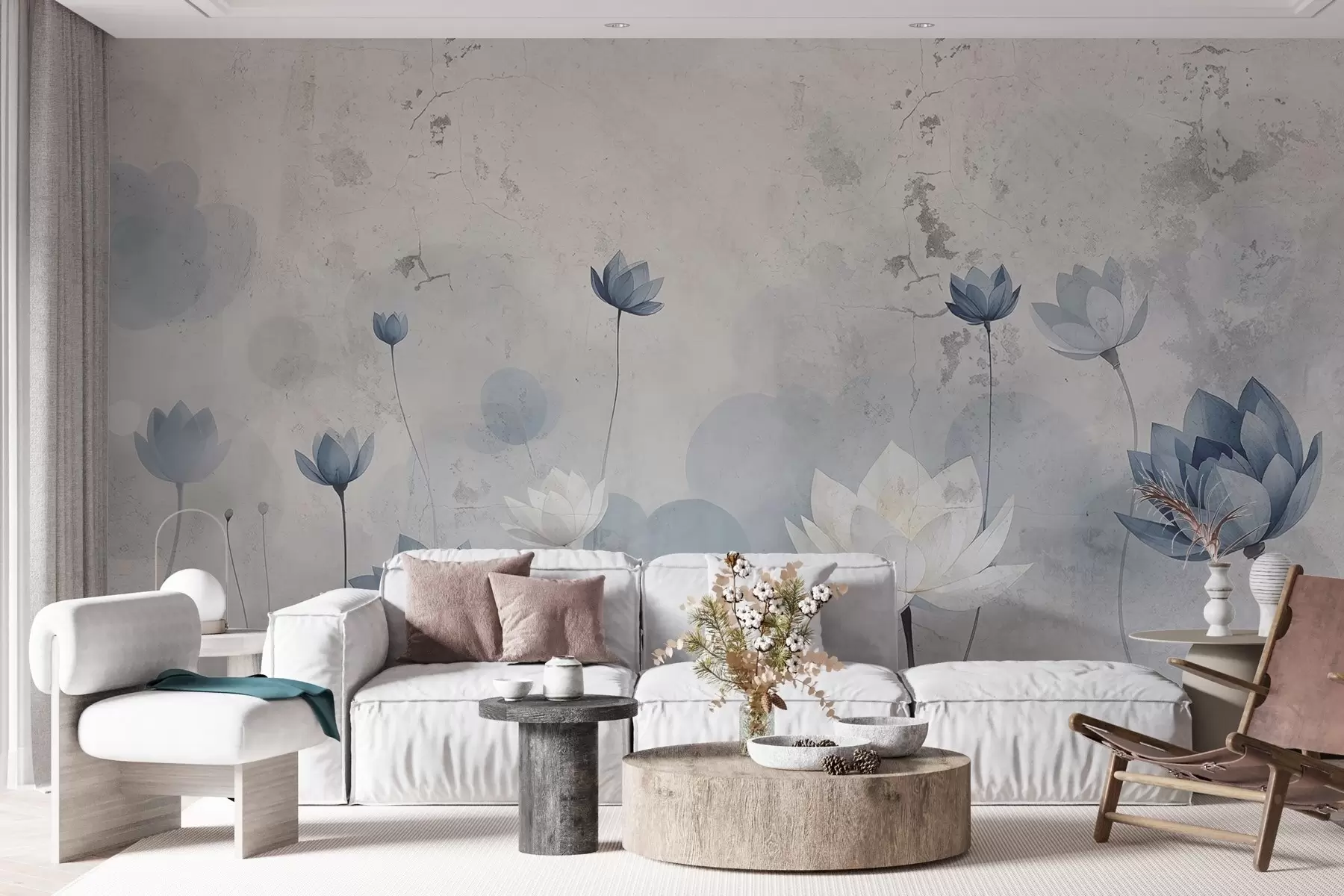 fototapeter Sprukket vegg med malte lotusblomster w03336