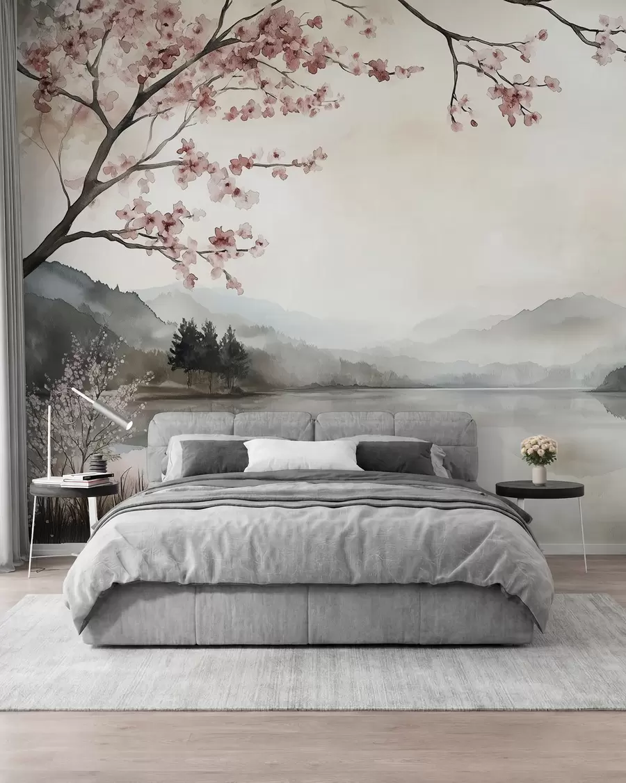 fototapeter rolig akvarelllandskap med en innsjø og et blomstrende tre w03282