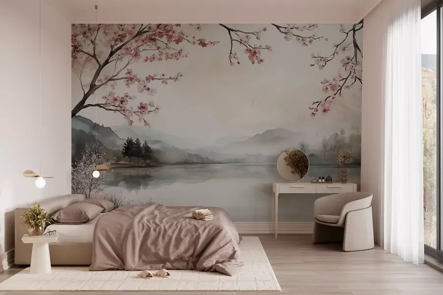 fototapeter rolig akvarelllandskap med en innsjø og et blomstrende tre w03282
