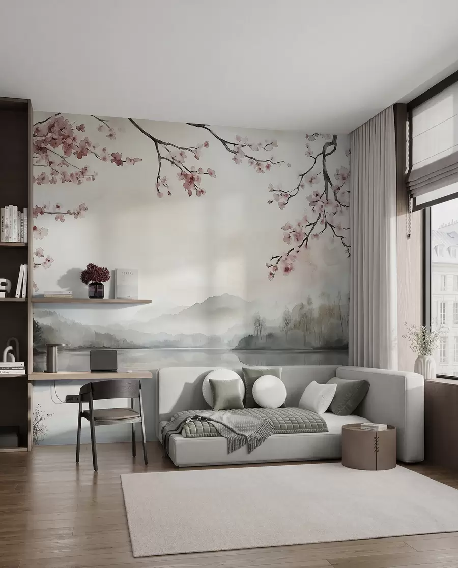 fototapeter rolig akvarelllandskap med en innsjø og et blomstrende tre w03282