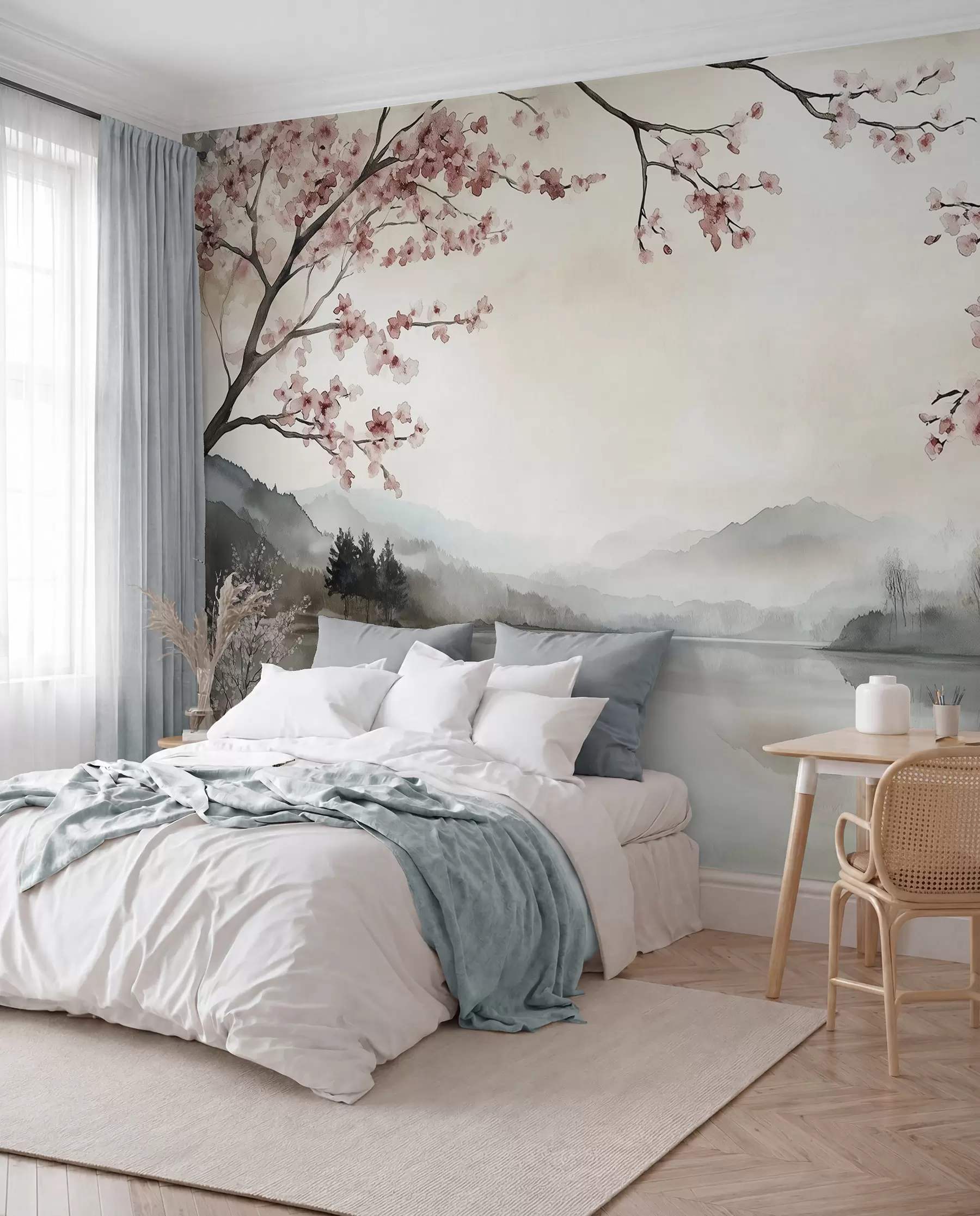 fototapeter rolig akvarelllandskap med en innsjø og et blomstrende tre w03282