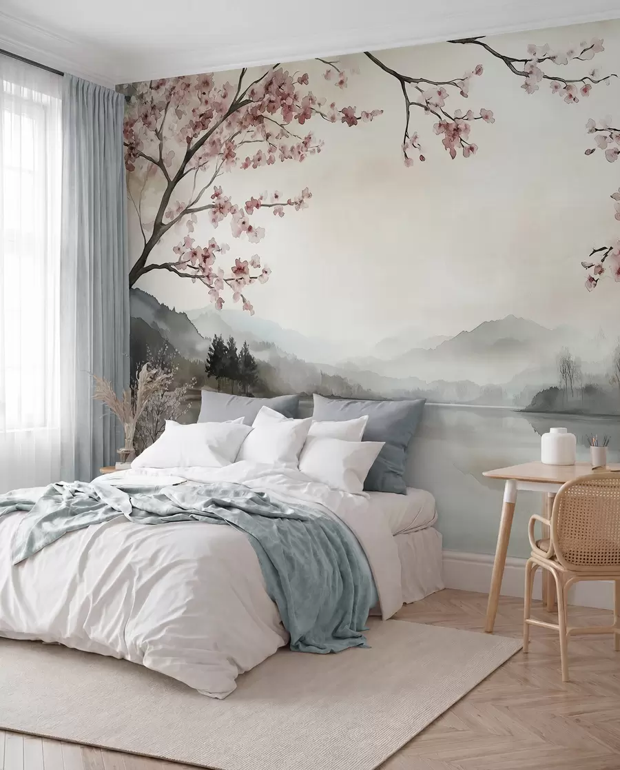 fototapeter rolig akvarelllandskap med en innsjø og et blomstrende tre w03282