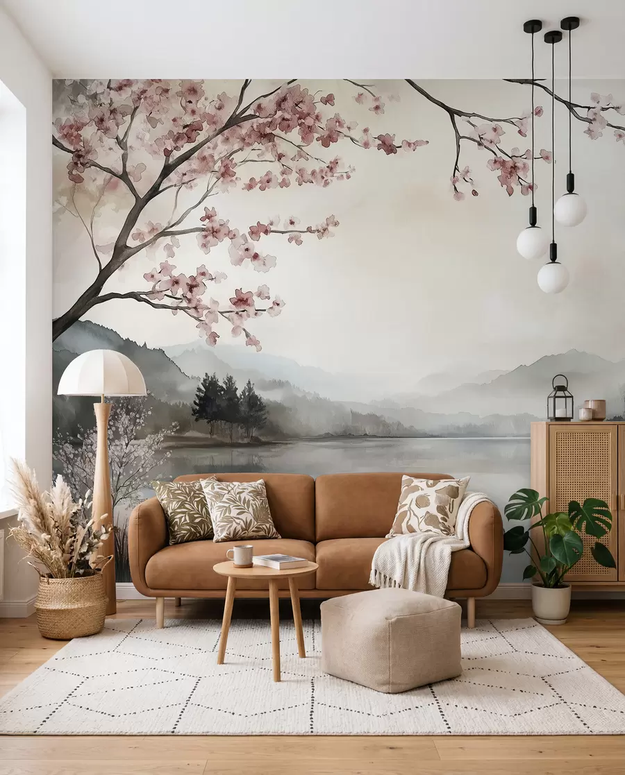 fototapeter rolig akvarelllandskap med en innsjø og et blomstrende tre w03282