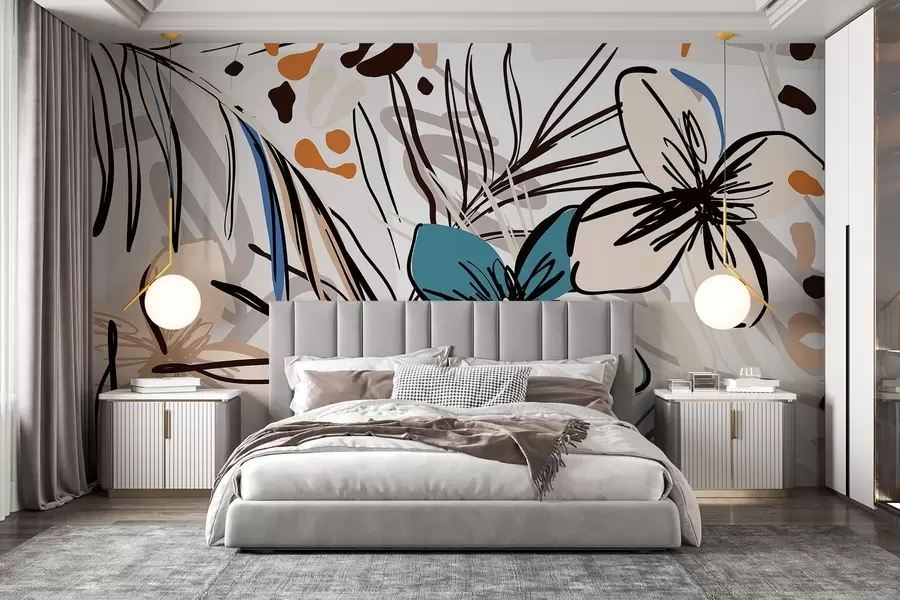 fototapeter Moderne abstrakt trykk med tropiske palmeblader, blå og beige blomster, svarte linjer, lys bakgrunn w08889