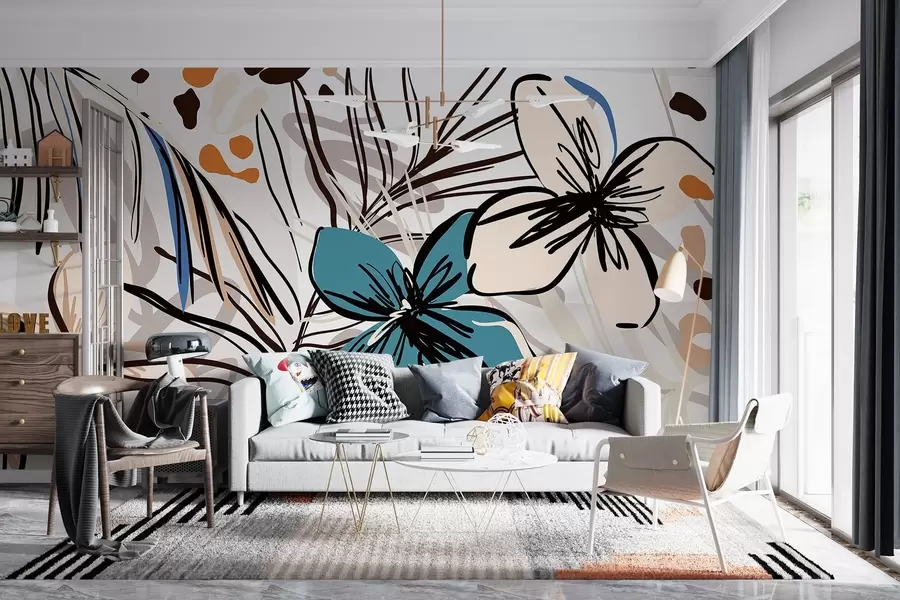 fototapeter Moderne abstrakt trykk med tropiske palmeblader, blå og beige blomster, svarte linjer, lys bakgrunn w08889