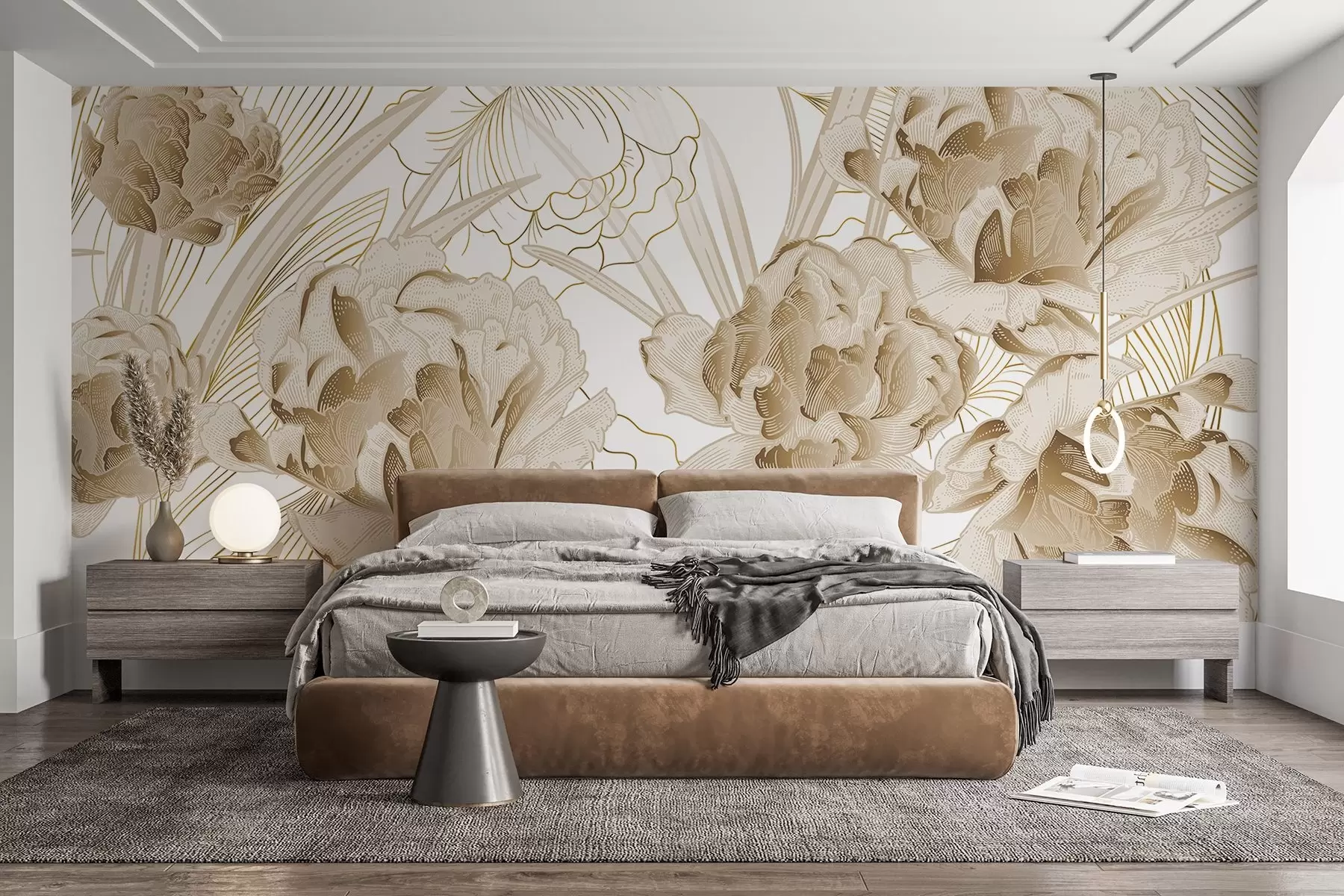 fototapeter Beige pioner med blader på hvit bakgrunn, blomsterdesign, botanisk illustrasjon  w08897