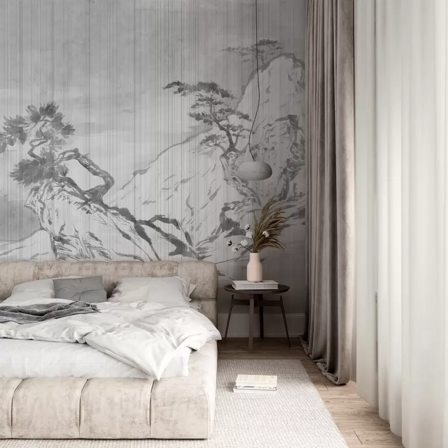 fototapeter Tradisjonell kinesisk monokrom landskapsillustrasjon med fjell, trær og tåke, grå bakgrunn w03379v1