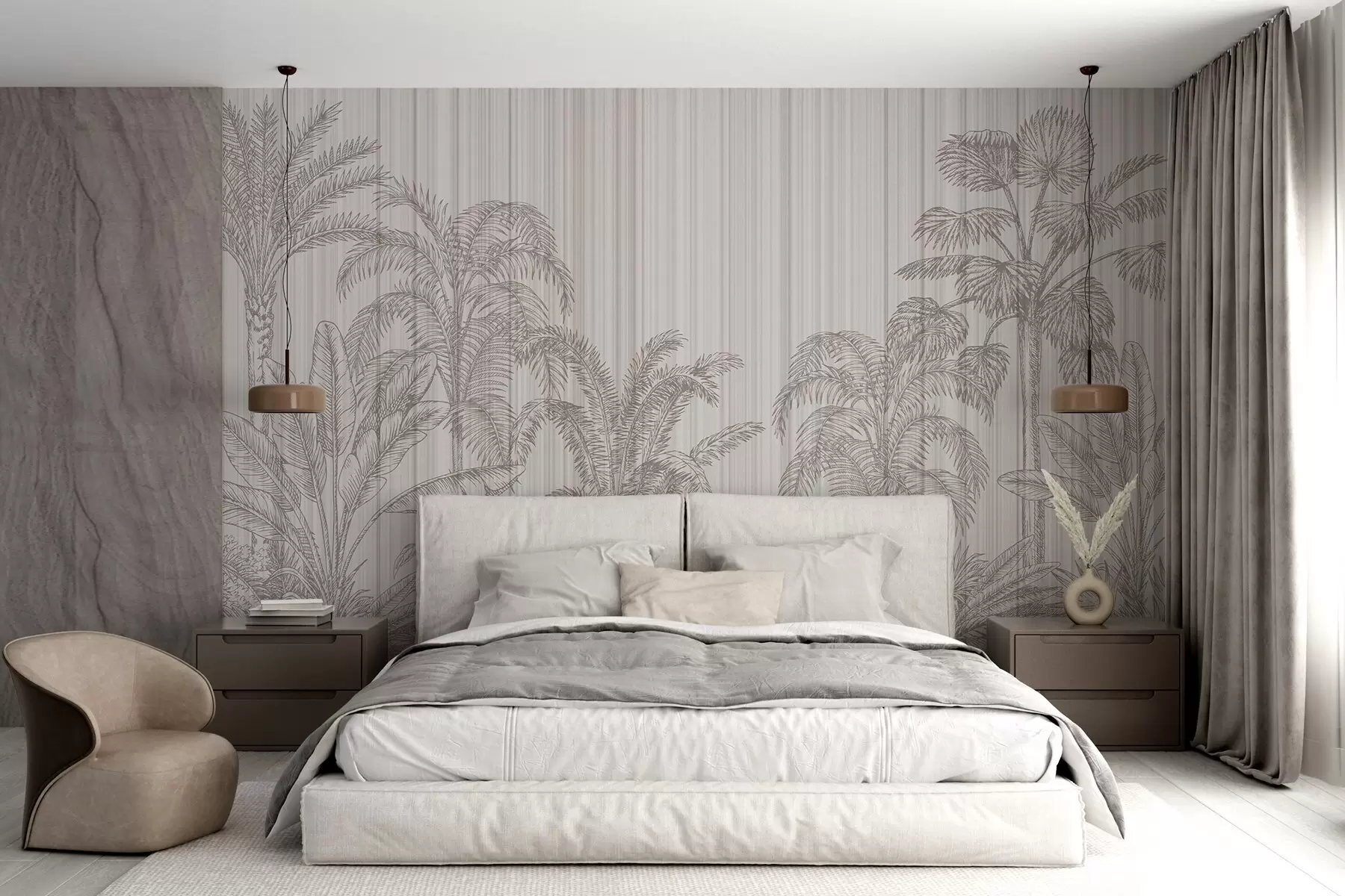 fototapeter Vintage-illustrasjon av tropiske planter og palmer på en strukturert bakgrunn w03383