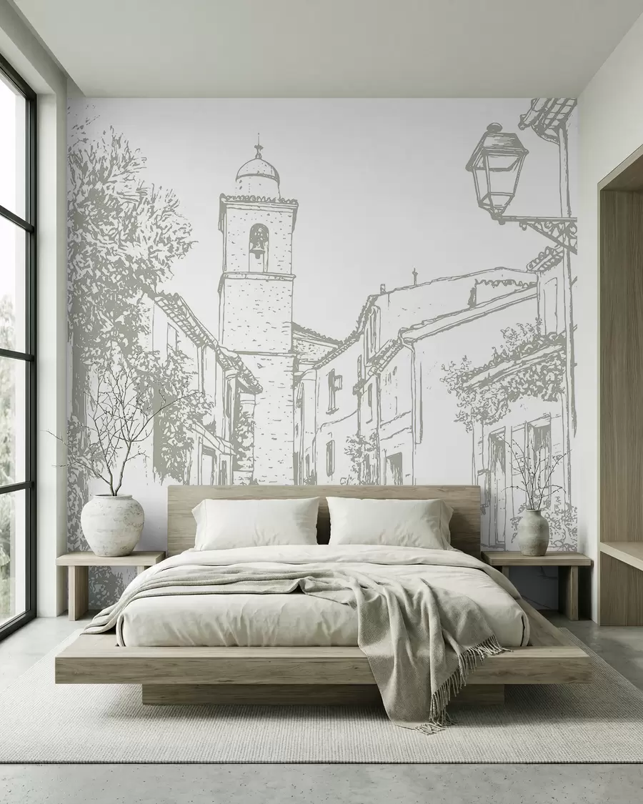 fototapeter Bygater, vakker arkitektur, bygninger, Middelhavet, strektegning, olivenfarge w03345