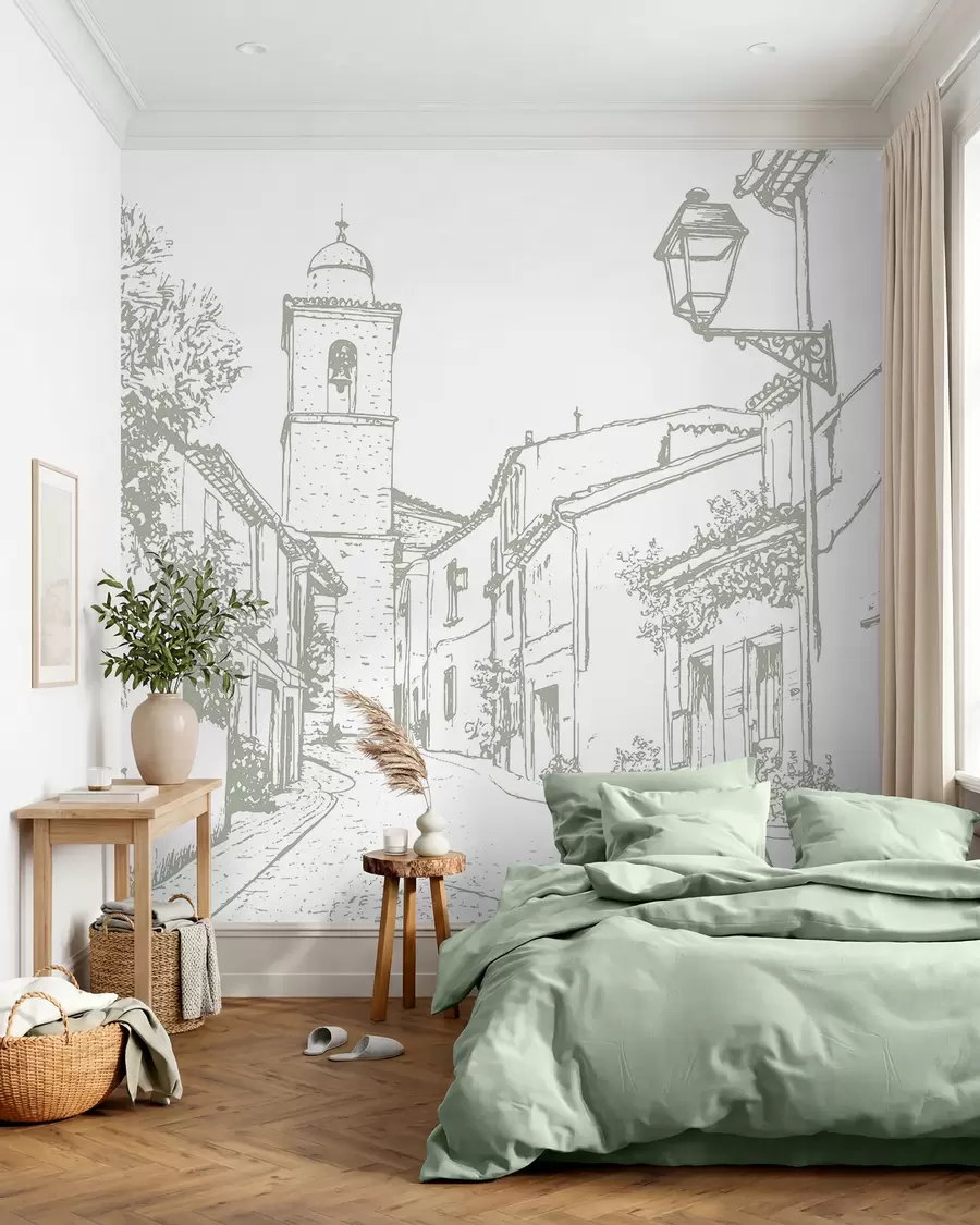 fototapeter Bygater, vakker arkitektur, bygninger, Middelhavet, strektegning, olivenfarge w03345