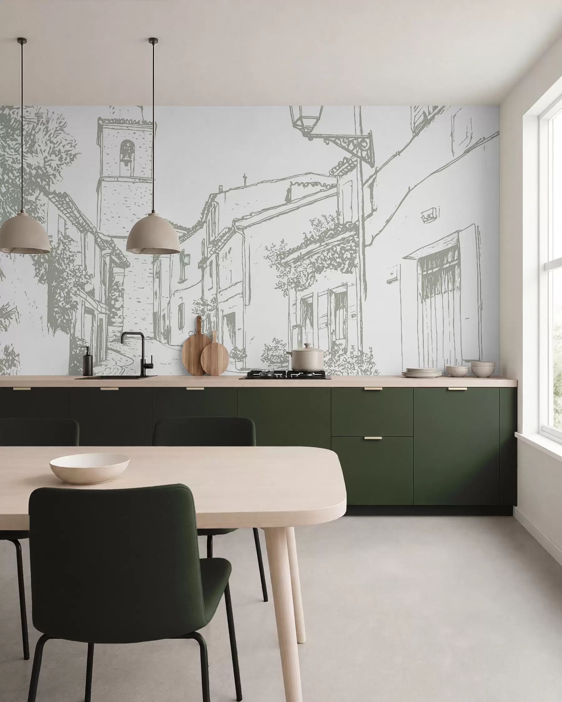 fototapeter Bygater, vakker arkitektur, bygninger, Middelhavet, strektegning, olivenfarge w03345