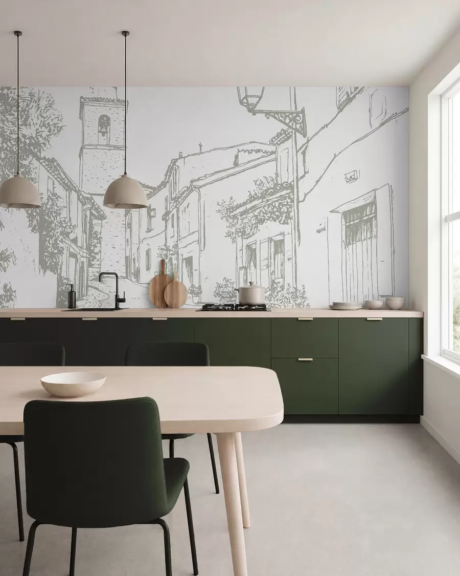 fototapeter Bygater, vakker arkitektur, bygninger, Middelhavet, strektegning, olivenfarge w03345